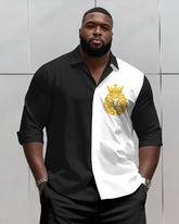 Big & Tall Men's Business Black & White Chest KING Print Long Sleeve Shirt Shorts Set